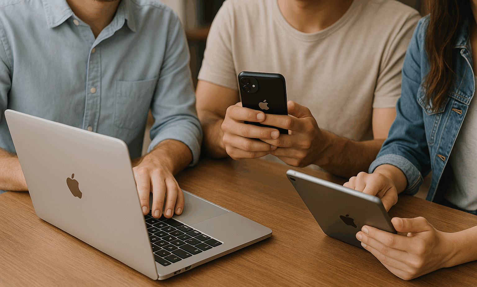 MacBook、iPhone、iPadを使う3人